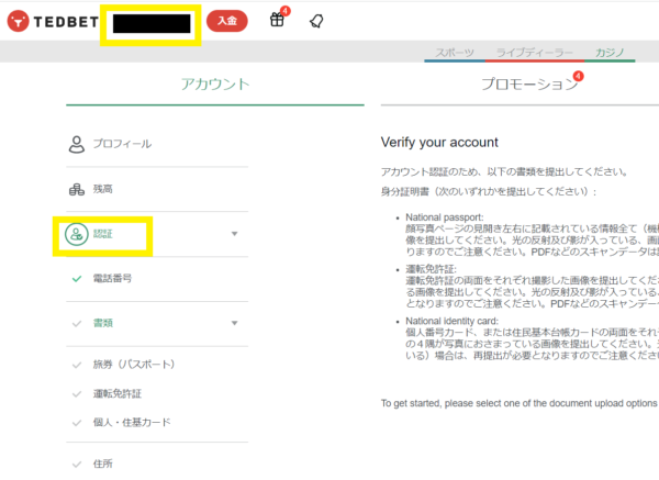 テッドベット 認証ページ